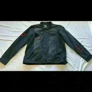 Trendy Krome designer Distressed Denim Jacket with Red Plaid Accents